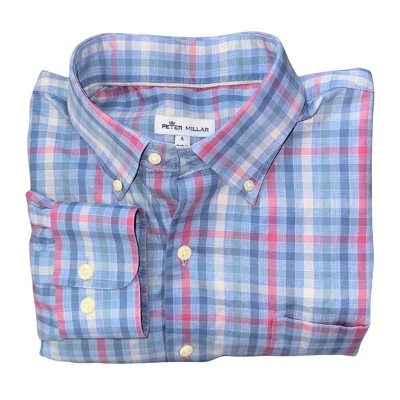 Peter Millar Crown Sport Shirt Acadia Falls Plaid Pink Blue - Picture 4 of 6